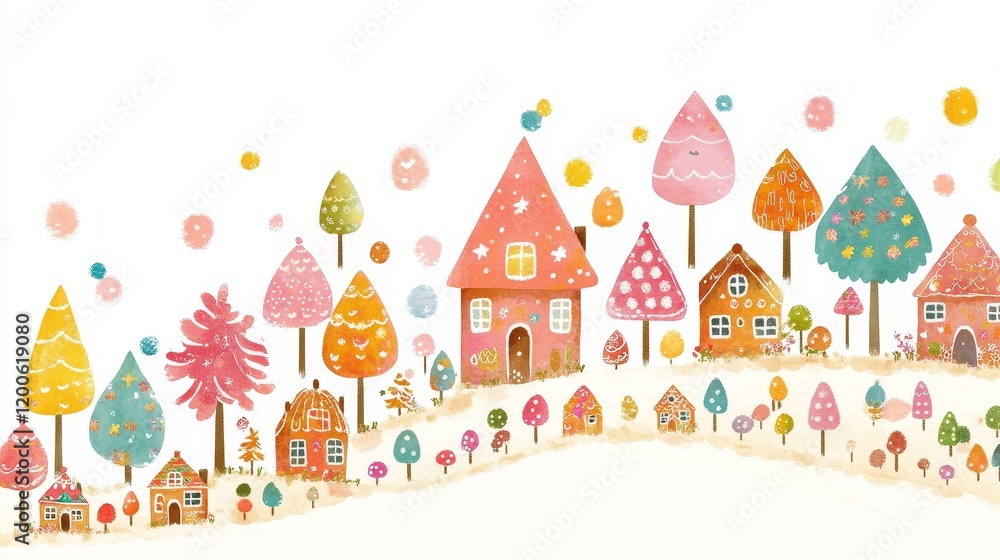 Fototapeta premium Whimsical Village Landscape with Colorful Houses and Candy Trees
