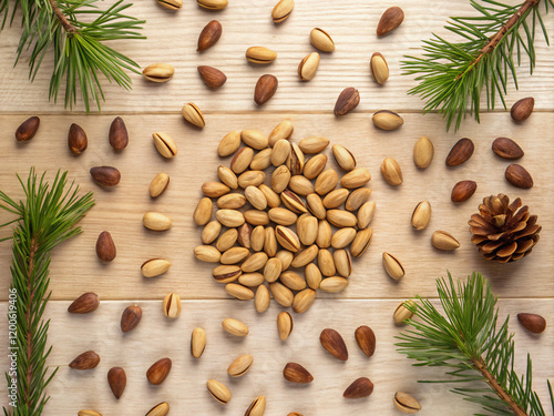 christmas background with branches and cones. food, christmas, brown, bean, nut, coffee, healthy, decoration, nuts, tree, isolated, cashew, snack, pine, holiday, wooden, closeup, fruit, beans, bowl, s photo