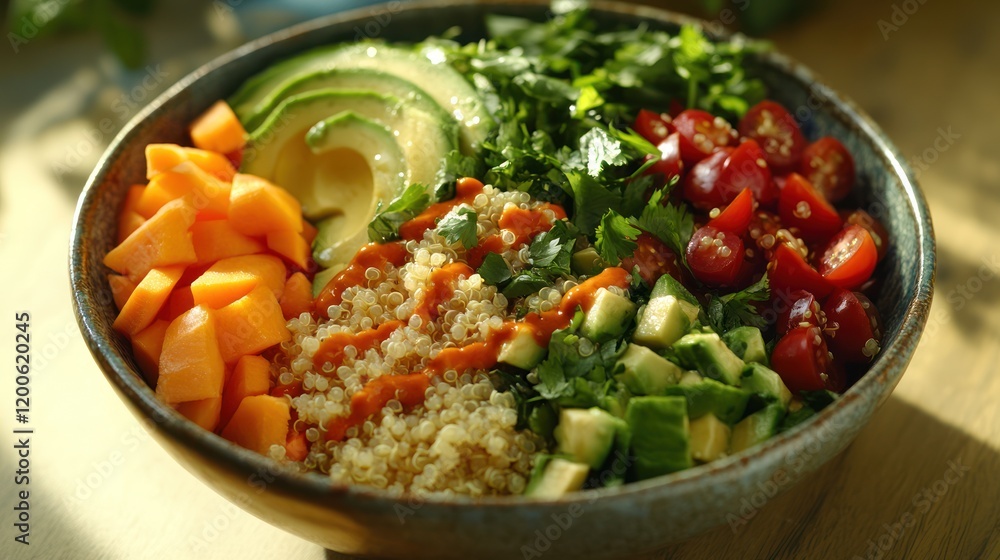 Vibrant quinoa bowl with avocado, carrots, tomatoes, and herbs. Vibrant quinoa bowl with avocado, carrots, tomatoes, and herbs.