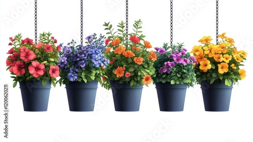 Five colorful hanging flower pots with chains isolated on white. photo