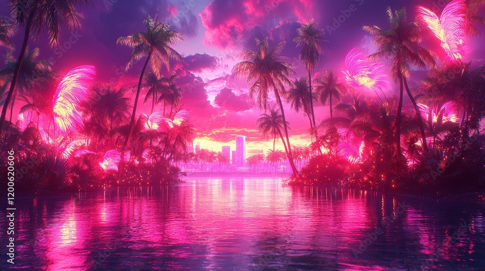 Fototapeta premium Neon Pink Tropical Night Scene with Fireworks and Palm Trees Reflecting on Water
