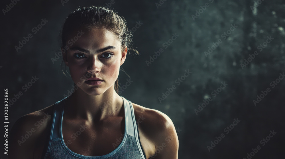 Obraz premium sporty female athlete with determined expression in dramatic lighting, showcasing strength and focus. background adds depth to intense atmosphere