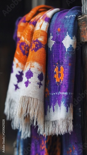 Colorful scarves hang on wooden bar, used for fashion or textile marketing photo