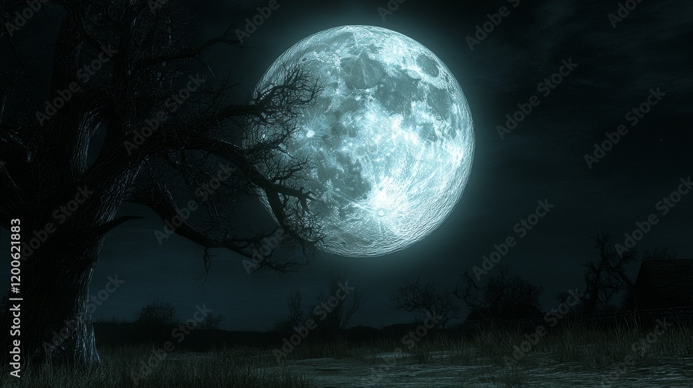Crystalline Moon Illuminating a Silhouetted Landscape at Night Crystalline Moon Illuminating a Silhouetted Landscape at Night
