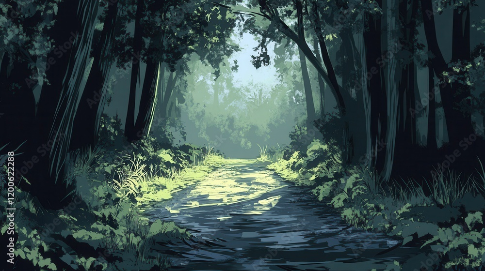 Obraz premium Serene Forest Stream Path Through Lush Green Trees