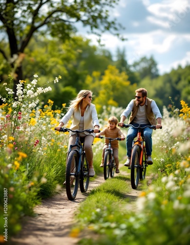 Fototapeta Naklejka Na Ścianę i Meble -  Happy Family Cycling through a Sunny Floral Path