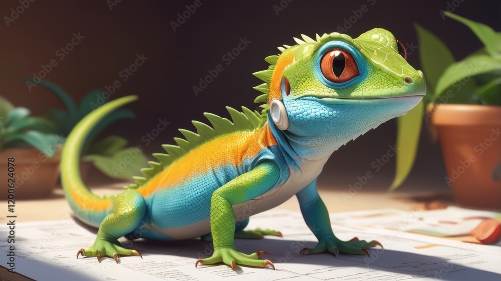 Fototapeta premium Cute Cartoon Iguana Character with Colorful Scales on a Light Background