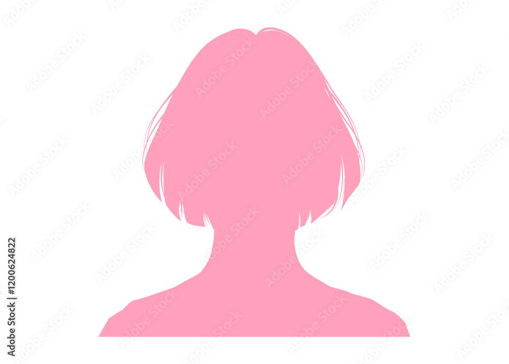 おかっぱの女性の顔アップのシルエットのイラスト 上半身 正面 ピンク色