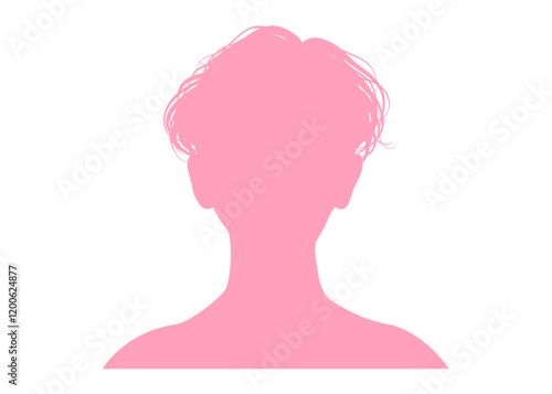 ショートヘアの女性の顔アップのシルエットのイラスト 上半身 正面 ピンク色