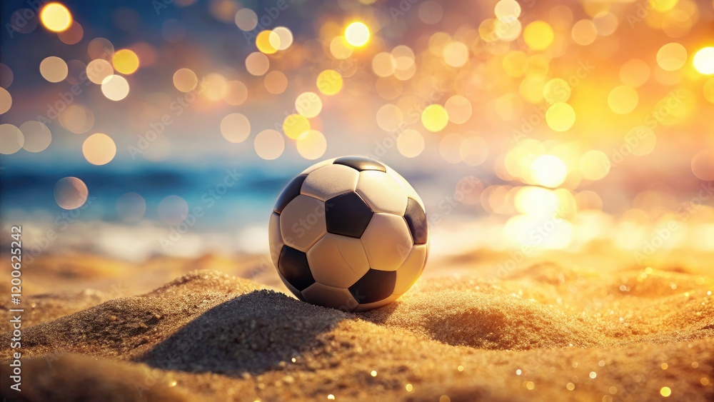 Fototapeta premium Classic Black and White Soccer Ball on Sandy Surface with Warm Bokeh Background