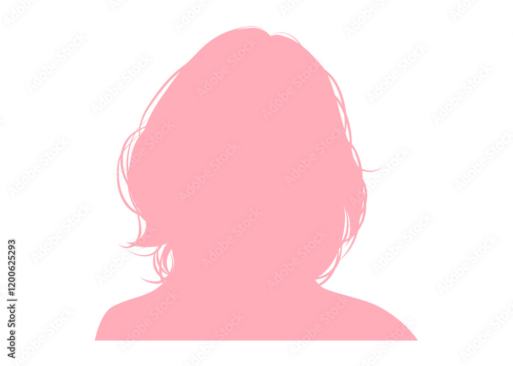 セミロングの女性の顔アップのシルエットのイラスト 上半身 正面 ピンク色