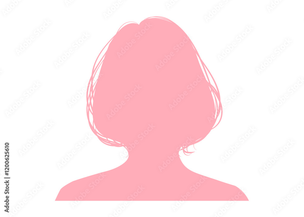 ボブの女性の顔アップのシルエットのイラスト 上半身 正面 ピンク色