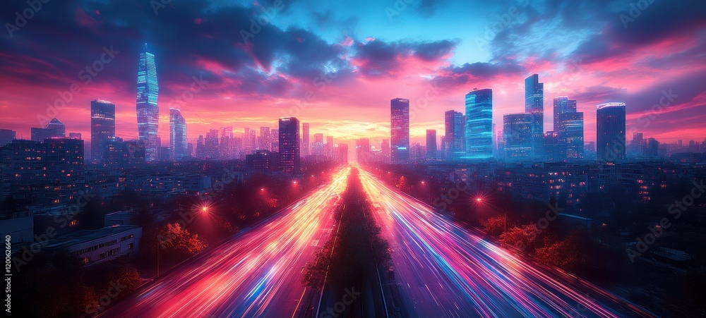 Fototapeta premium Futuristic City Skyline with Neon Lights and Long Exposure Light Trails at Dusk