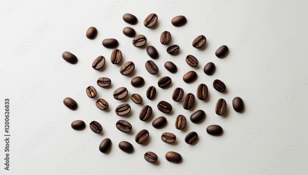 Obraz premium Scattered coffee beans on a light background a close up view of the roasted coffee
