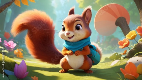 A charming squirrel with a scarf and backpack standing in a meadow full of colorful flowers