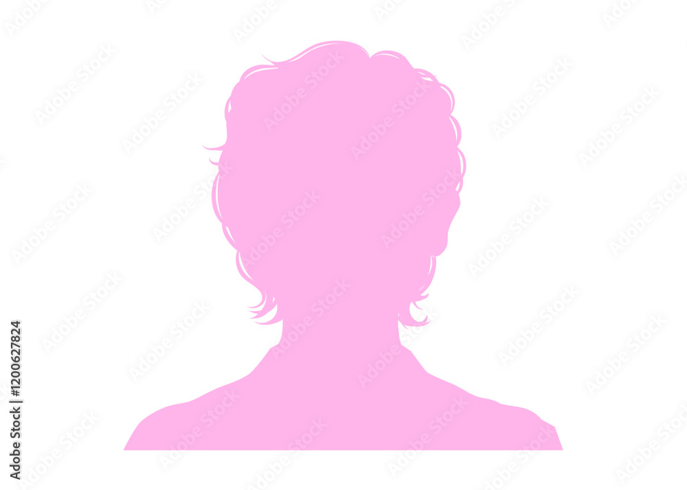パーマヘアの女性の顔アップのシルエットのイラスト 上半身 正面 ピンク色