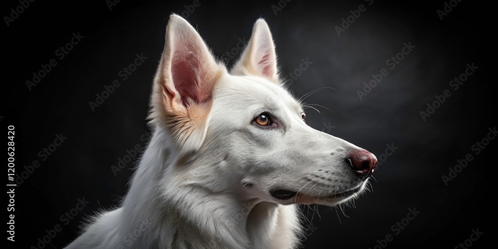Obraz premium Close-up Profile View of a White Swiss Shepherd Dog on Black Background â€“ High Depth of Field Photography for Dog Lovers and Animal Enthusiasts
