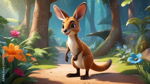 A charming cartoon kangaroo stands amidst lush foliage, with colorful flowers in a serene forest path
