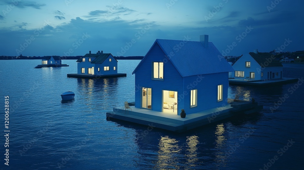 Fototapeta premium Nocturnal Blue Houses on Tranquil Waters, Illuminated from Within