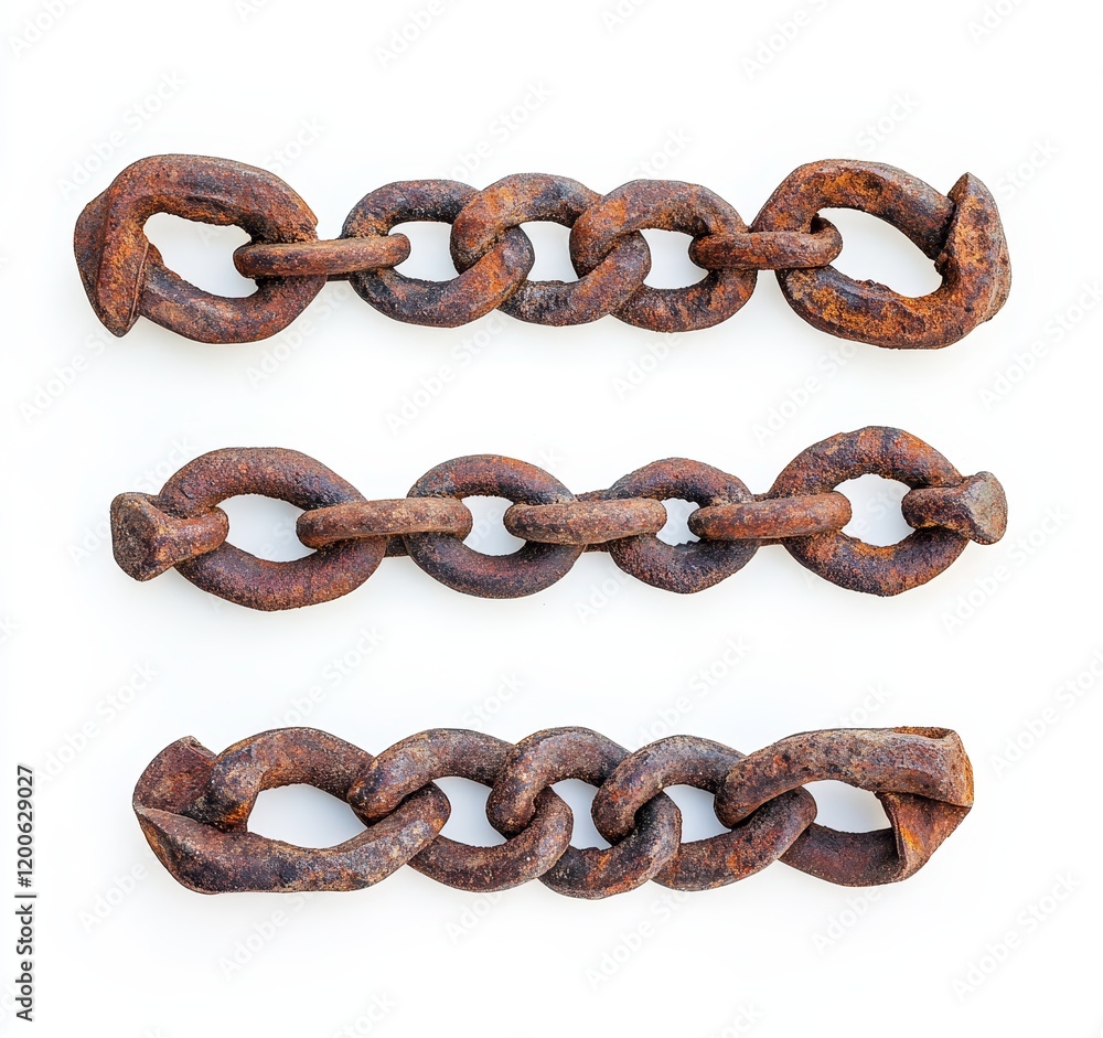 Three rusty chains made of nails isolated on white.