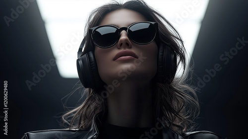 Frau mit Sonnenbrille und Kopfhörer beim Musik hören auf dunklem Hintergrund in klassischem Look und Farben mit Lichteffekten . Querformat mit Platz für Text. 16:9 Format. Generative AI. photo