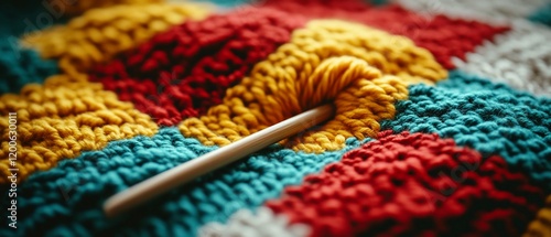 Crochet hook in vibrant yarn, close-up, textured background photo