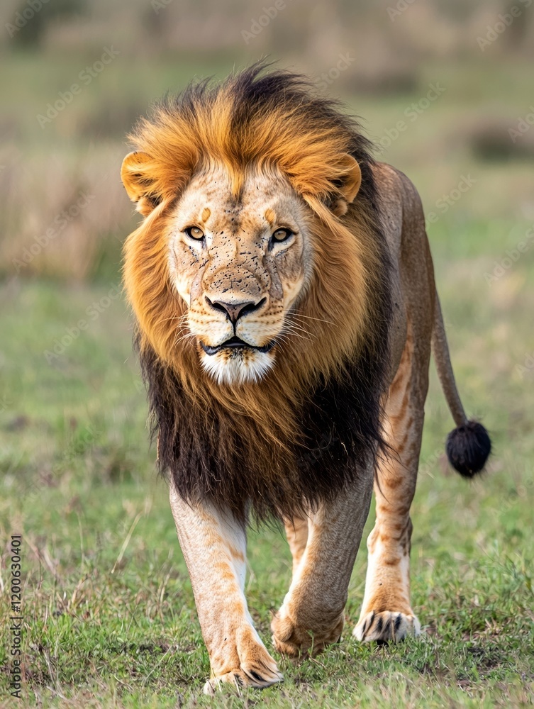 Fototapeta premium Majestic African Lion, Golden Mane Flowing, Powerful Stride.