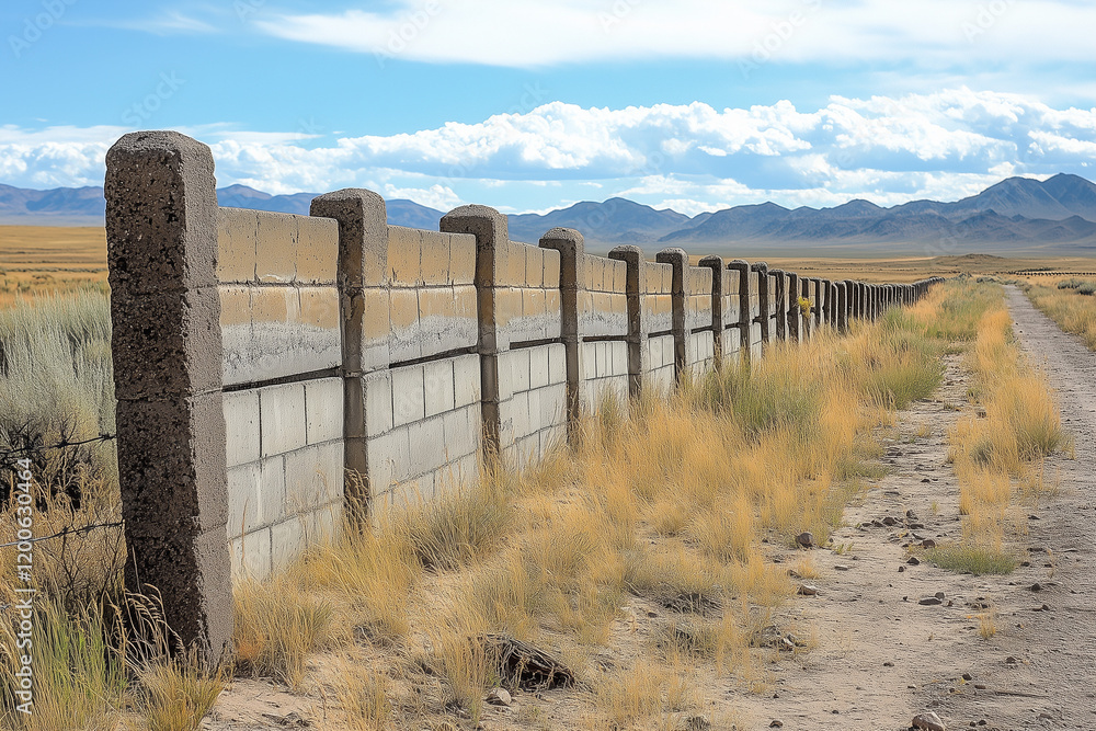 Fototapeta premium Solid Block Fence in a Ranch Setting with Dirt Road Leading Forward