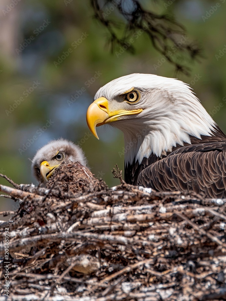 Fototapeta premium Majestic Bald Eagle and Chick in Nest Close-Up