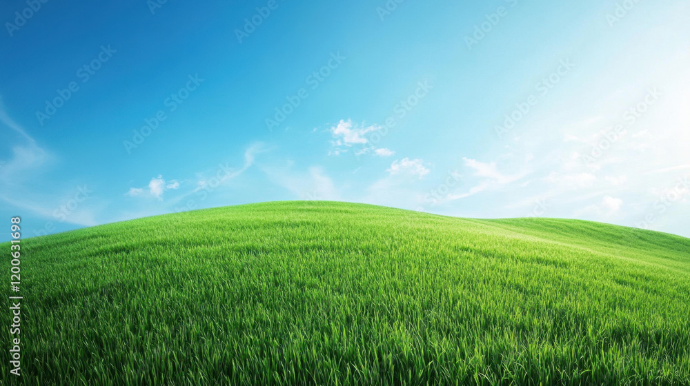 Lush green grassy hills under bright blue sky create serene landscape. vibrant colors evoke sense of tranquility and peace in nature Lush green grassy hills under bright blue sky create serene landscape. vibrant colors evoke sense of tranquility and peace in nature