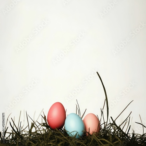 A vibrant Easter scene featuring colorful eggs hanging from tree branches, symbolizing spring's renewal, with yellow accents and festive decorations. photo