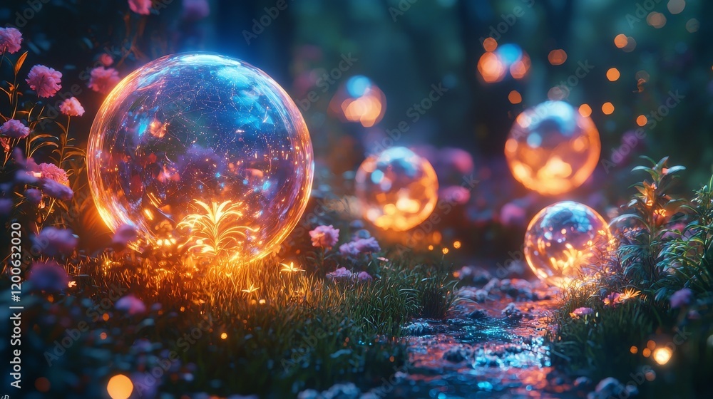 Enchanting floating orbs mystical forest digital art lush environment close-up view fantasy concept