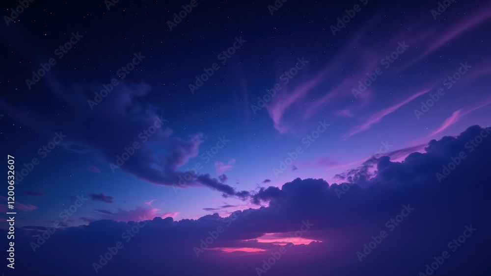 A vast expanse of deep blue sky dotted with tiny, shimmering stars. Thick dark clouds stretch across the horizon, hinting at an impending storm's drama A vast expanse of deep blue sky dotted with tiny, shimmering stars. Thick dark clouds stretch across the horizon, hinting at an impending storm's drama
