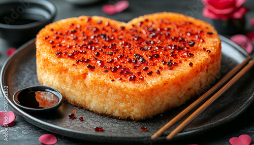 Heart-shaped dessert, Asian fusion, romantic setting, Valentine's Day photo