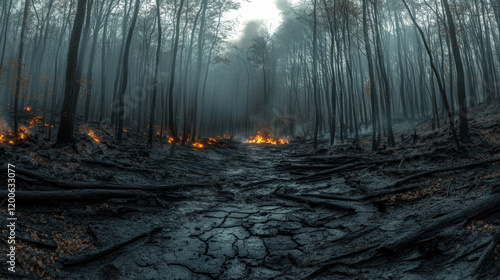 Fototapeta Naklejka Na Ścianę i Meble -  Burning forest ground with dead wood, smoke, and flames in misty atmosphere, creating haunting and dramatic scene of destruction and nature fury