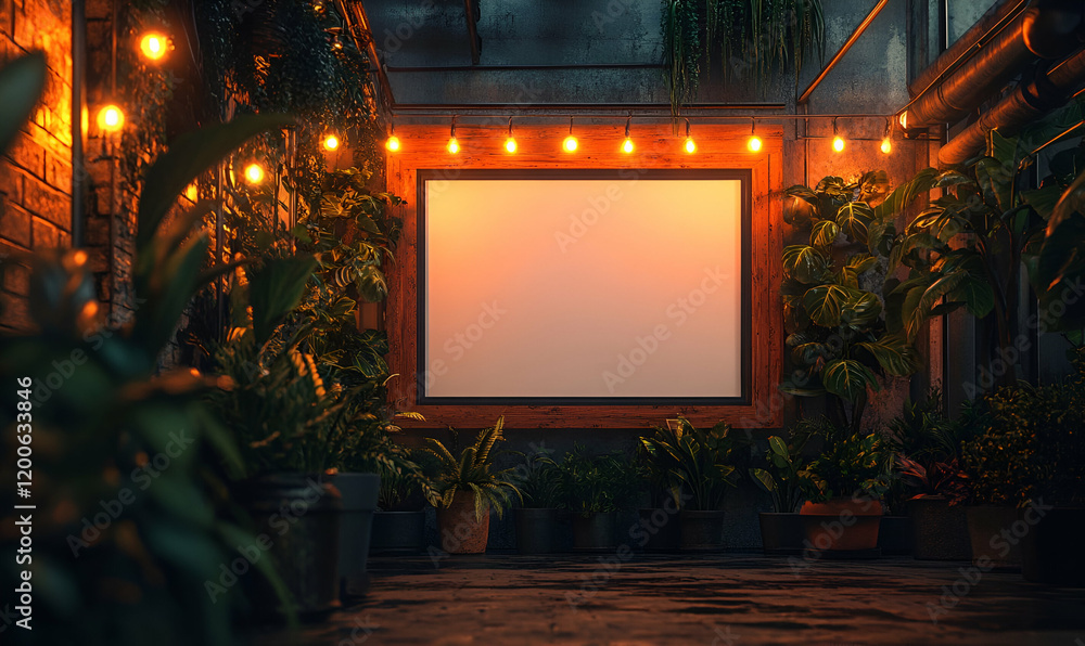 Obraz premium Night patio, blank sign, plants, lights, mockup