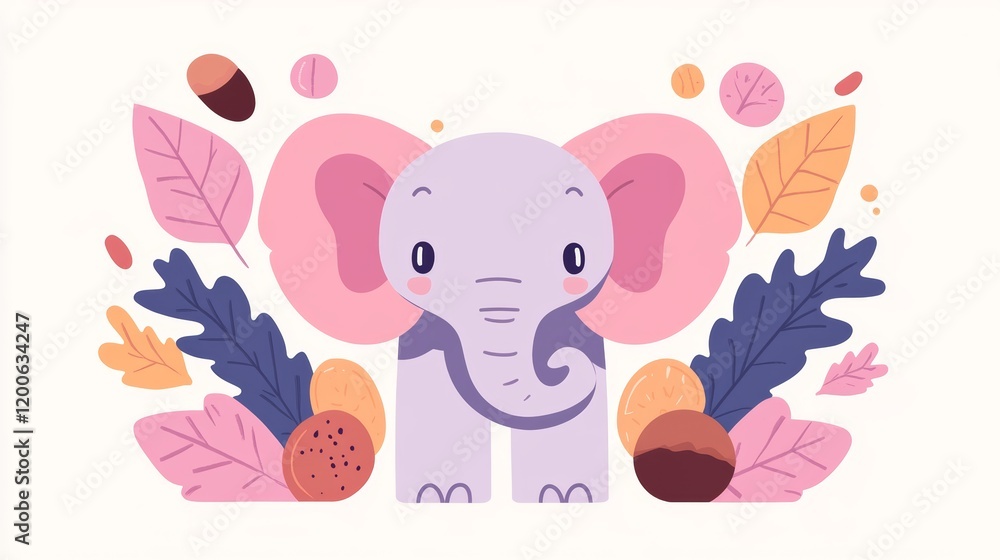 Fototapeta premium Adorable Autumn Elephant with Pink Ears and Leaves