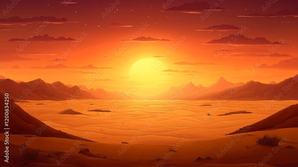 Fototapeta premium Fiery Sunset Over a Desolate, Expansive, and Mysterious Landscape
