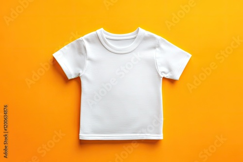 White Childrens Tshirt Mockup for Logo Text or Design on Wooden Isolated on Orange