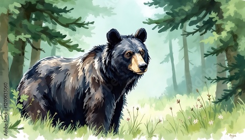 Majestic Black Bear in Serene Forest Habitat A Watercolor Painting of Wildlife in its Natural Environment
