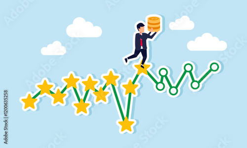 A businessman stands on a target chart holding a stack of coins, illustration of progress in improving business quality to gain profit in business