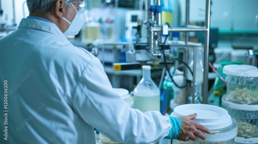 An industrial biotechnologist developing biodegradable plastics from microbial fermentation in a biotech laboratory, with bioreactors and plastic samples visible An industrial biotechnologist developing biodegradable plastics from microbial fermentation in a biotech laboratory, with bioreactors and plastic samples visible