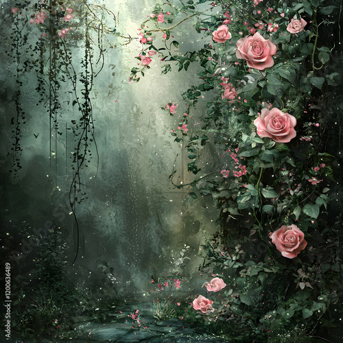 Beautifully Crafted Painting of Vibrant Roses and Lush Green Vines Set Against a Mystical Forest Background Evoking a Sense of Tranquility and Nature