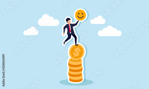 A businessman stands on a stack of coins holding a happy emoticon, illustration of capital or investment required to increase market attention photo