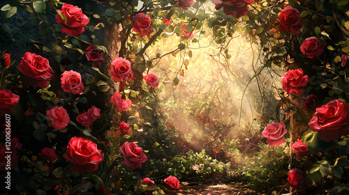 Enchanting Tunnel of Vibrant Roses in Full Bloom Creating a Romantic and Whimsical Atmosphere Surrounded by Lush Greenery and Nature's Beauty