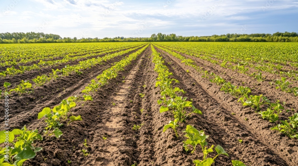 Obraz premium Rows of young plants flourish in rich soil with blue skies above, showcasing farm life
