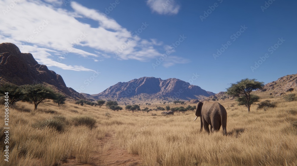 Fototapeta premium African Elephant in Savannah Landscape Under Blue Sky