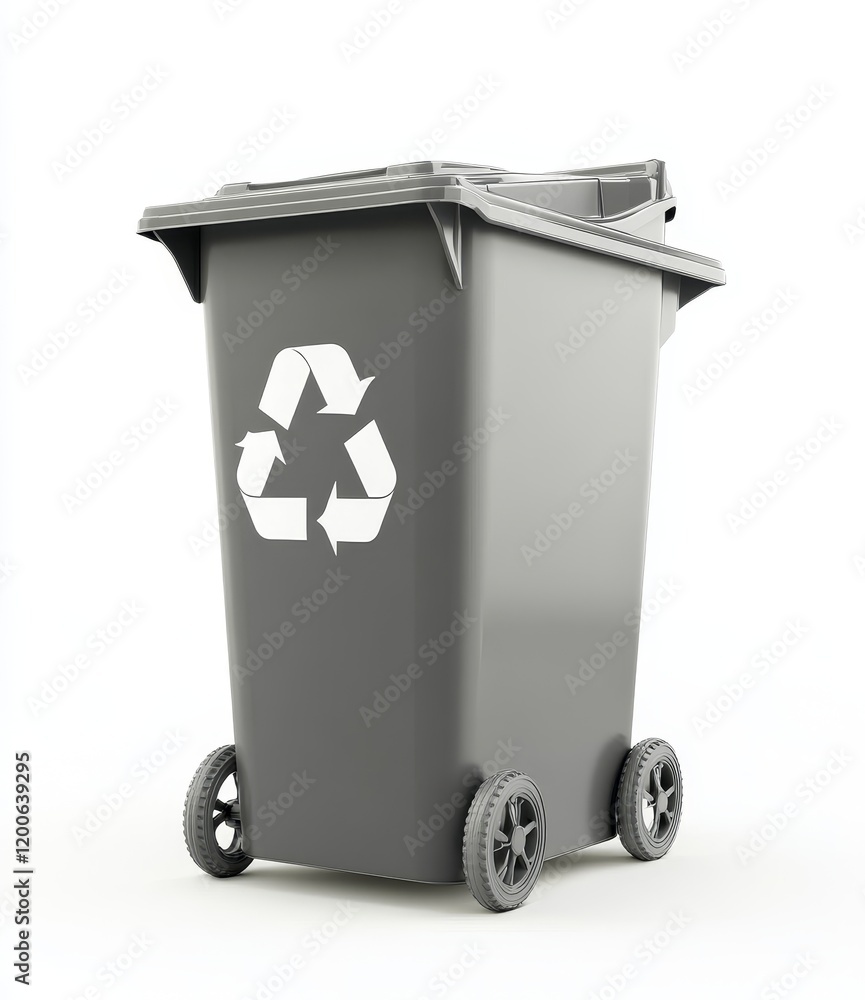 Gray recycling bin with wheels and recycling symbol. Gray recycling bin with wheels and recycling symbol.