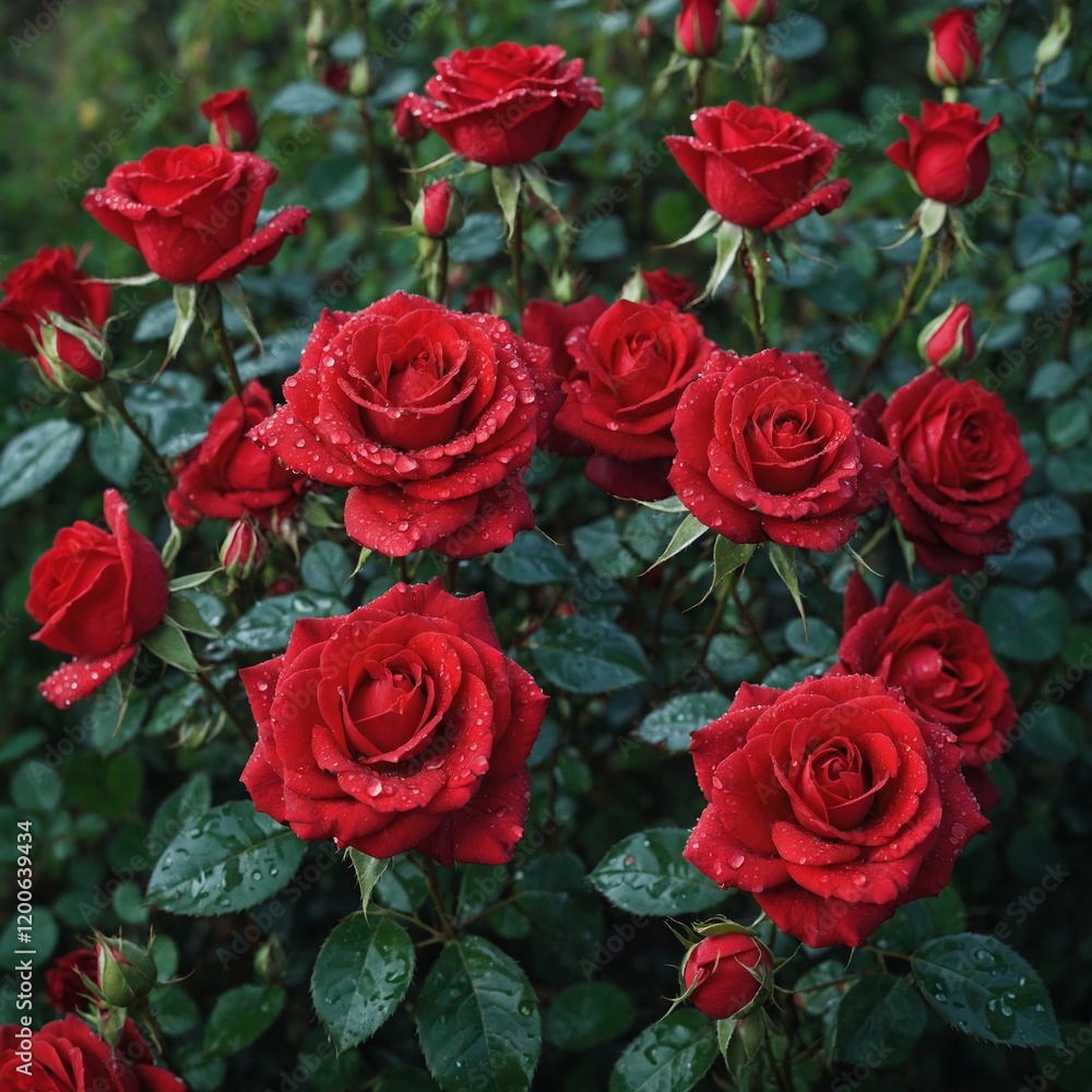 Red roses with dewdrops in a morning garden. Red roses with dewdrops in a morning garden.