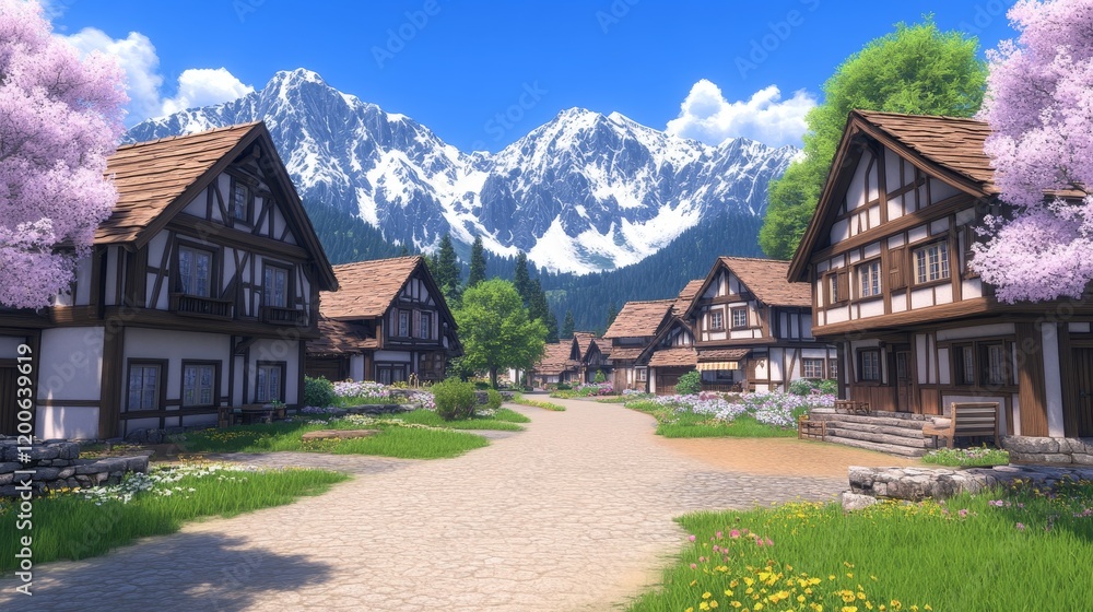 Fototapeta premium Alpine Village Scenic View Charming Houses, Snow Mountains